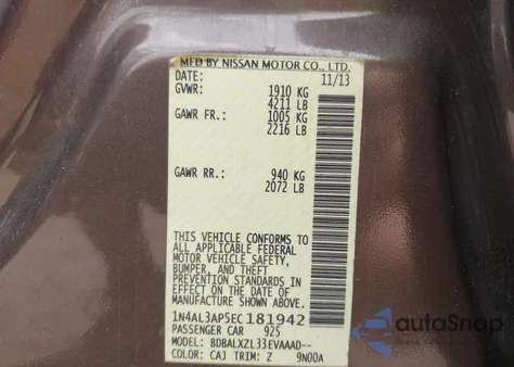 2014 Nissan Altima 2.5 Sl from USA, damaged, VIN 1N4AL3AP5EC181942